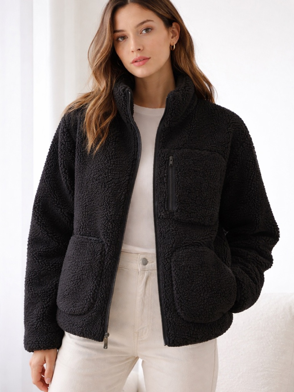 Oak + Fort Black Teddy Fleece Jacket Small Cozy Zip Sherpa